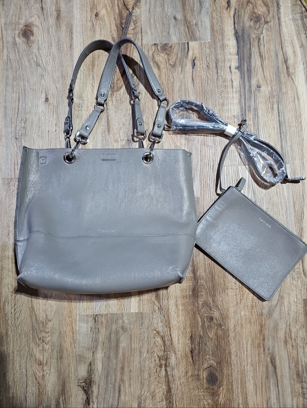 Calvin Klein Reversible Tote Stone Gray Or Sunflower Yellow Handbag With Pouch